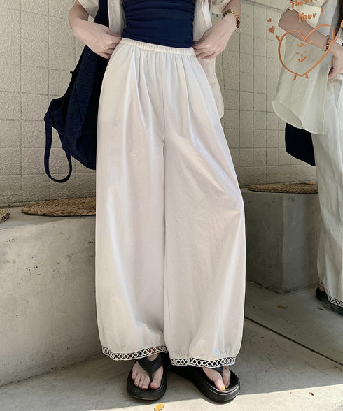 バルーンパンツ ワイドパンツ レース レディース 九分丈パンツ 体型カバー 薄手 ハイウエスト ウエストゴム ゆったり 着やせ 美脚 リラックス カジュアル 99CYDZ-004