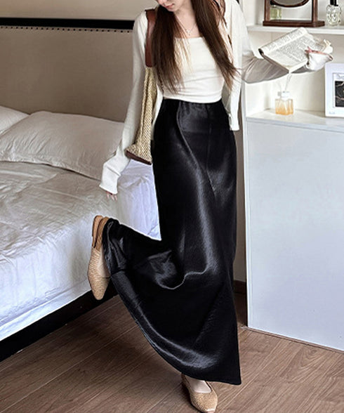 サテンスカート ロングスカート 無地 レディース 体型カバー ゆったり ハイウエスト 脚長 シンプル お洒落 オルチャン 大人 可愛い きれいめ 99FZFZ-034