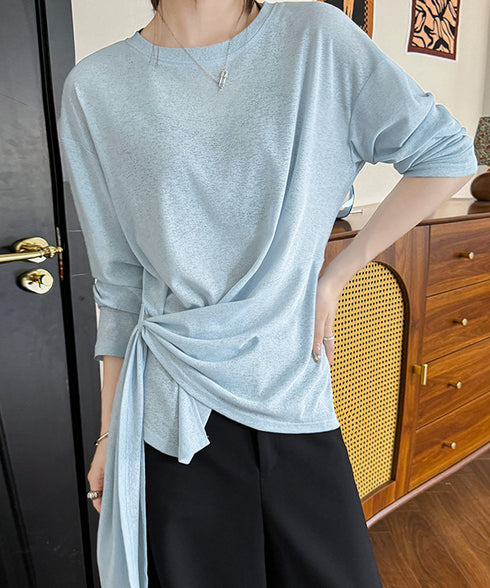 Tシャツ アシメデザイン 長袖 透け感夏 レディーストップス カットソー プルオーバー クルーネック 変形 アシンメトリー 薄手大人女子 可愛い フェミニン 黒白 99FZFZ-043