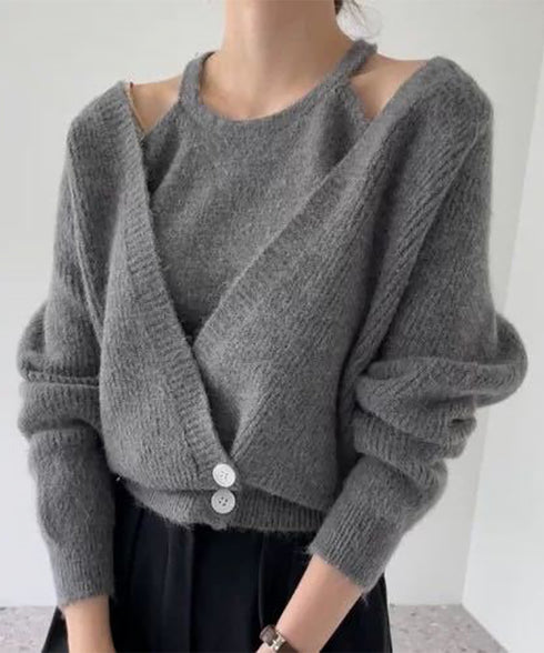 ニットトップス レディース 2点セット ニットカーディガン ニットキャミソール 肌見せ 無地 ボタン おしゃれ きれいめ 大人 フェミニン カジュアル 99GLT-002