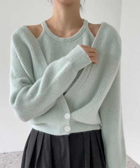 ニットトップス レディース 2点セット ニットカーディガン ニットキャミソール 肌見せ 無地 ボタン おしゃれ きれいめ 大人 フェミニン カジュアル 99GLT-002