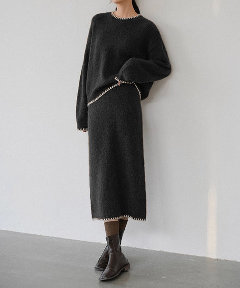 ニットセットアップ 上下セット 配色 レディース トップス ボトムス セーター スカート 体型カバー 無地 きれいめ おしゃれ 大人 オフィスカジュアル 99GLT-004