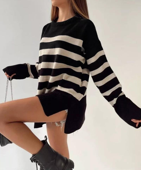 ニットトップス レディース ボーダー セーター プルオーバー クルーネック サイドスリット 着やせ 着回し 大人 可愛い カジュアル お洒落 春秋 99GLT-005