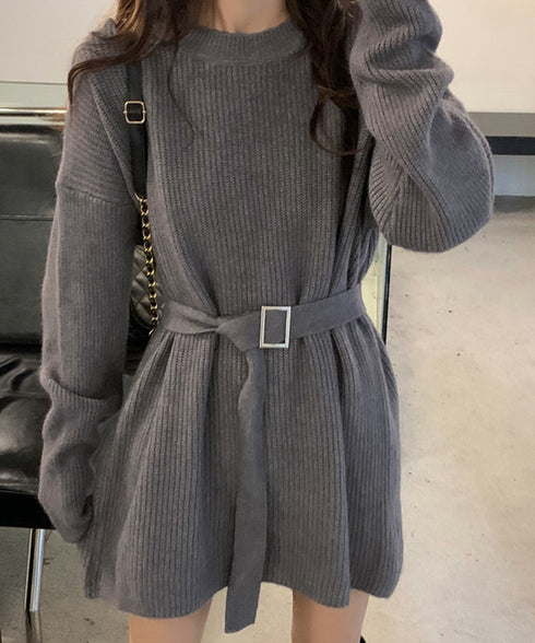 ニットワンピース レディース ベルト付き 長袖ワンピース セーター セクシー ゆったり 着回し 体型カバー 着やせ 無地 お洒落 大人 可愛い 人気 99GLT-006