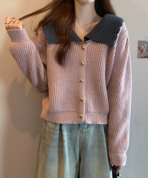 ニットカーディガン レディース 大きめ襟 ニットウェア 体型カバー 配色 前開き ボタン 羽織り ゆったり きれいめ 無地 大人 可愛い おしゃれ 着回し 99GLT-007