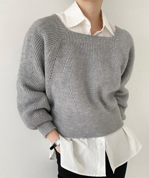 ニットトップス レディース 無地 セーター プルオーバー ニットソー スクエアネック 編み オフィス カジュアル 大人 フェミニン シンプル 99GLT-008