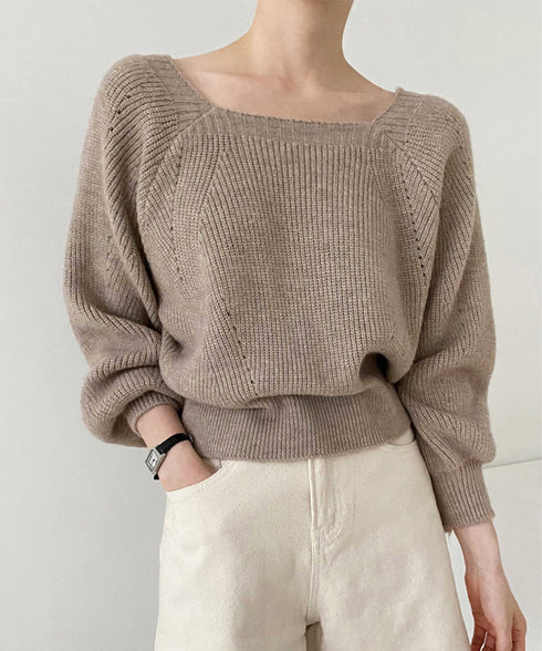 ニットトップス レディース 無地 セーター プルオーバー ニットソー スクエアネック 編み オフィス カジュアル 大人 フェミニン シンプル 99GLT-008