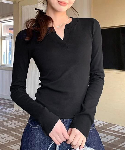 長袖Tシャツ レディース Vネック 無地 プルオーバー セクシー 細見え おしゃれ オルチャン 着やせ 大人 おしゃれ フィット フェミニン 99GLT-010