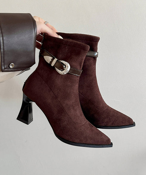 ポインテッドトゥ ブーツ ショートブーツ レディース ブーティー 裏微起毛 チャンキーヒール 秋冬 太ヒール フェミニン オフィスカジュアル 歩きやすい おしゃれ 99GYXC-144