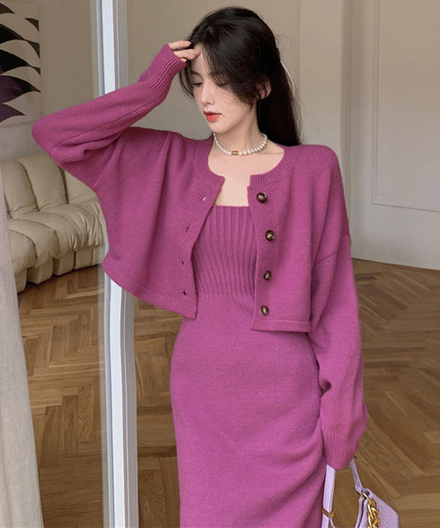 ニットセットアップ レディース2点セット カーディガン ワンピース キャミソールドレス ショート丈 ボタン セーター 着やせ セクシー 大人 お洒落 オルチャン 99HQB-001