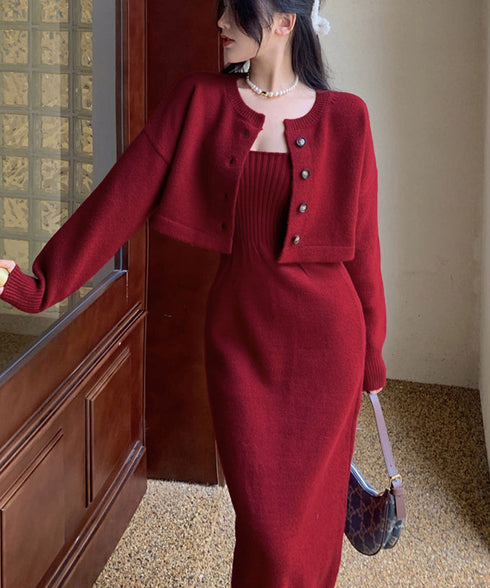 ニットセットアップ レディース2点セット カーディガン ワンピース キャミソールドレス ショート丈 ボタン セーター 着やせ セクシー 大人 お洒落 オルチャン 99HQB-001