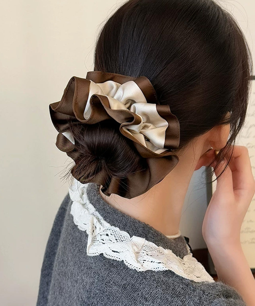 シュシュ ヘアゴム サテン 配色 ブラウン