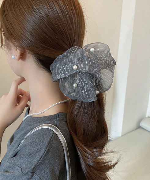 透け感シュシュ パール飾り ボリューム レディース ヘアアレンジ ヘアゴム 大きめ おしゃれ オルチャン 大人 可愛い お団子 フェミニン 女子会 パーティー 99HXGY-005