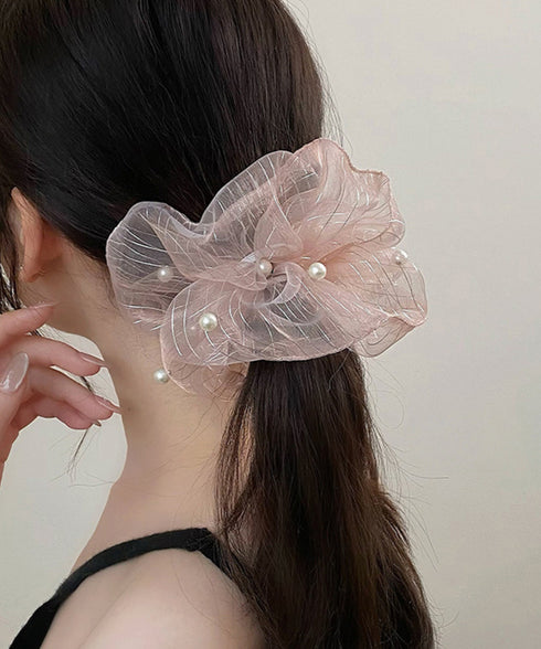 透け感シュシュ パール飾り ボリューム レディース ヘアアレンジ ヘアゴム 大きめ おしゃれ オルチャン 大人 可愛い お団子 フェミニン 女子会 パーティー 99HXGY-005