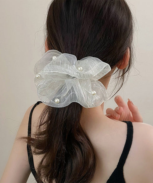 透け感シュシュ パール飾り ボリューム レディース ヘアアレンジ ヘアゴム 大きめ おしゃれ オルチャン 大人 可愛い お団子 フェミニン 女子会 パーティー 99HXGY-005