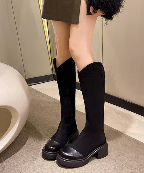 ロングブーツ レディース スエード調 ジョッキーブーツ ジッパー付き チャンキーヒール 秋冬 膝下 オルチャン おしゃれ オフィスカジュアル 疲れにくい 99JGXY-001