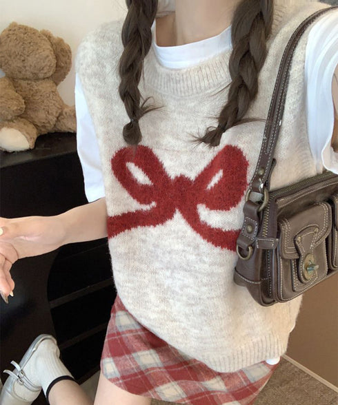 ニットベスト レディース ニットジレ ニットトップス ノースリーブ リボン柄 編み 体型カバー 重ね着 着やせ 大人 可愛い カジュアル オルチャン 春秋冬 99JNX-001