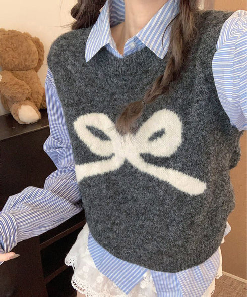 ニットベスト レディース ニットジレ ニットトップス ノースリーブ リボン柄 編み 体型カバー 重ね着 着やせ 大人 可愛い カジュアル オルチャン 春秋冬 99JNX-001