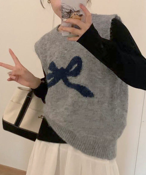 ニットベスト レディース ニットジレ ニットトップス ノースリーブ リボン柄 編み 体型カバー 重ね着 着やせ 大人 可愛い カジュアル オルチャン 春秋冬 99JNX-001