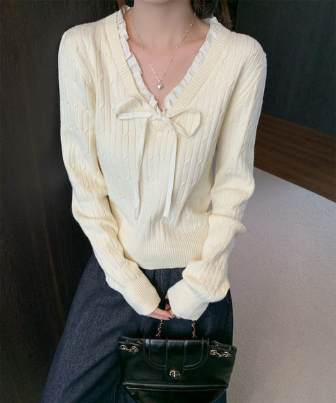 ニットトップスレディース リボン フリル ニットソー セーター Vネック プルオーバー 長袖 無地 着やせ きれいめ 大人 可愛い おしゃれ カジュアル 人気 99JNX-002