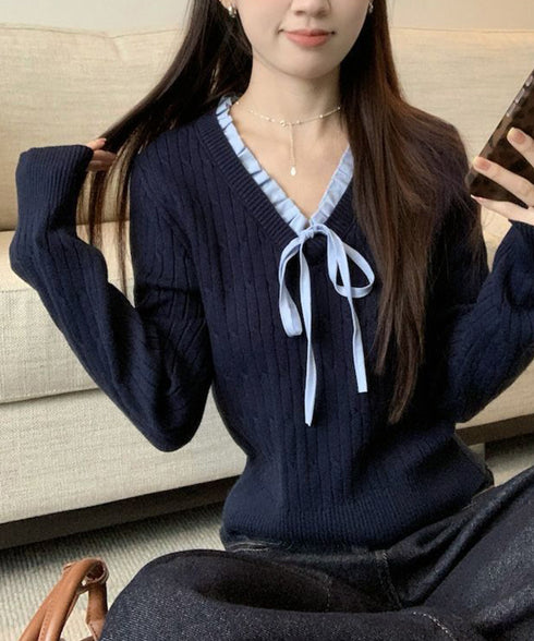 ニットトップスレディース リボン フリル ニットソー セーター Vネック プルオーバー 長袖 無地 着やせ きれいめ 大人 可愛い おしゃれ カジュアル 人気 99JNX-002