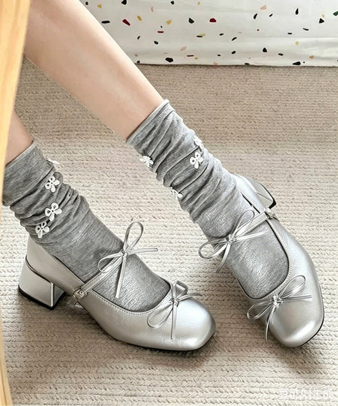 リボン バレエパンプス 美脚ヒール パンプス レディース スクエアトゥ チャンキーヒール きれいめ 歩きやすい オシャレ 大人可愛い 結婚式 披露宴 99JRDZ-001
