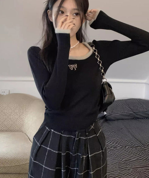 Tシャツ クールネック 刺しゅう 秋冬 レディーストップス 韓国風 ショート丈 長袖 フェミニン 大人可愛い セクシー デート オルチャン おしゃれ 着回し 99KWE-001