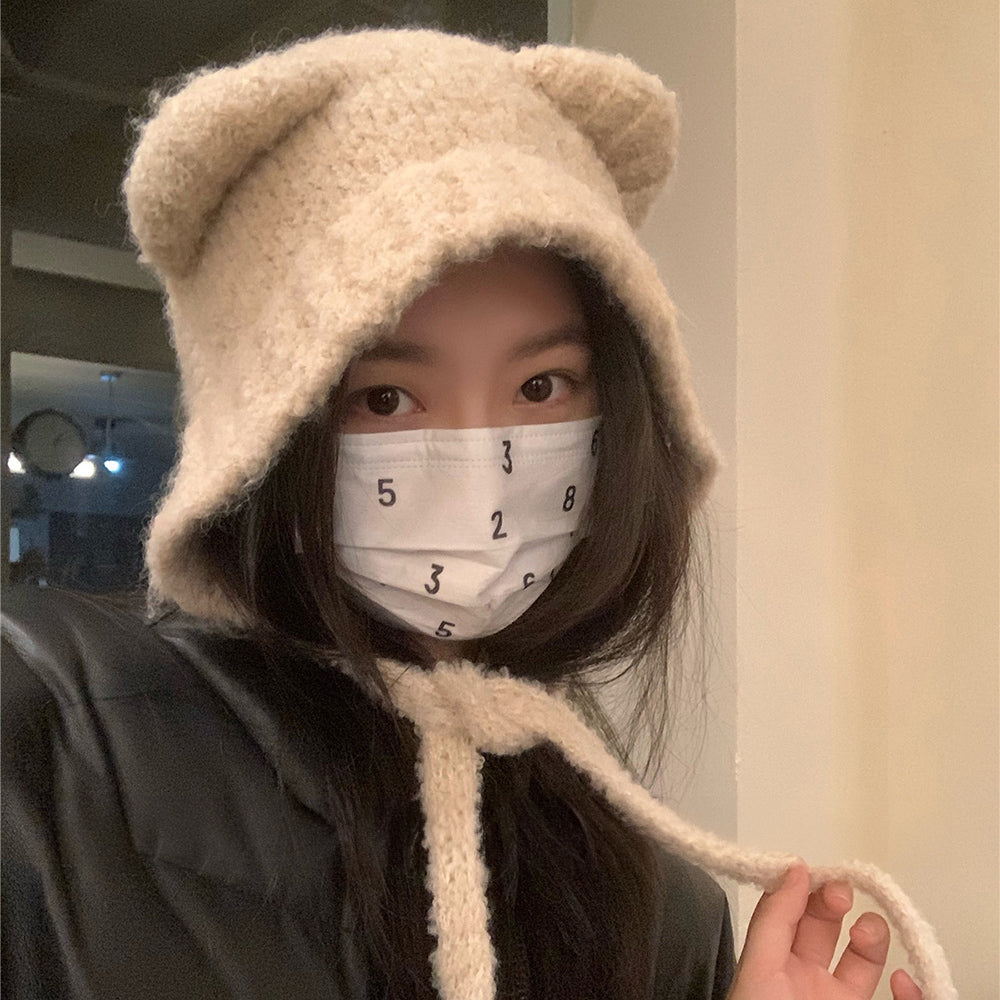 くま耳ニット帽 小顔 レディース 韓国風 ベージュ