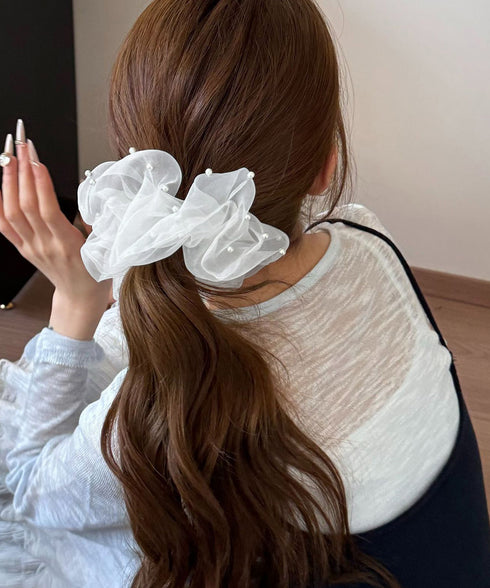 パール付きシュシュ 透け感ヘアゴム ヘアアクセサリー 髪飾り フェイクパール まとめ髪 大人っぽい きれいめ 可愛い おしゃれ お団子 ヘアグッズ 簡単 99RMSP-001