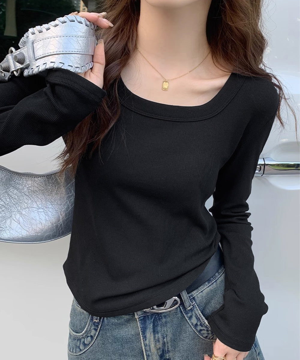 長袖Tシャツ レディース スクエアネック ブラック