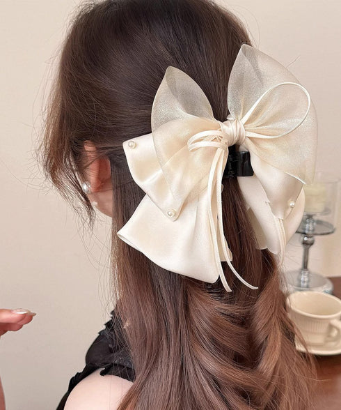 ヘアクリップ 大きめ レディース リボン バンスクリップ ヘアアレンジ アクセ 髪飾り 髪留め パール飾り 可愛い オルチャン お洒落 結婚式 発表会 99TZSP-001