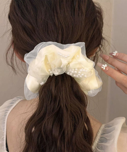 オーガンジーシュシュ パール付き 無地 ボリュームヘアゴム 髪飾り 髪留め オルチャン 大人っぽい かわいい お洒落 プレゼント デート 発表会 フェミニン 99TZSP-008
