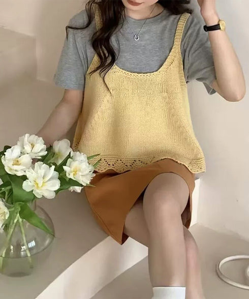 ニットベスト レディース 編み Aライン ニットジレ 春秋ベスト ニットキャミソール チョッキ Uネック深め レイヤード 重ね着 韓国風 カジュアル 99WFZY-001