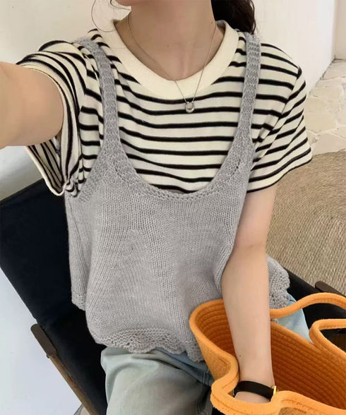 ニットベスト レディース 編み Aライン ニットジレ 春秋ベスト ニットキャミソール チョッキ Uネック深め レイヤード 重ね着 韓国風 カジュアル 99WFZY-001