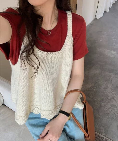 ニットベスト レディース 編み Aライン ニットジレ 春秋ベスト ニットキャミソール チョッキ Uネック深め レイヤード 重ね着 韓国風 カジュアル 99WFZY-001