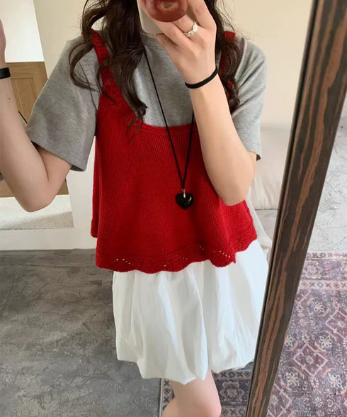 ニットベスト レディース 編み Aライン ニットジレ 春秋ベスト ニットキャミソール チョッキ Uネック深め レイヤード 重ね着 韓国風 カジュアル 99WFZY-001