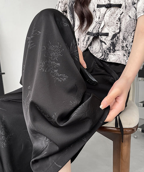ワイドパンツ チャイナ風 ハイウエスト レディース オリエンタル系 ウエストゴム 体型カバー ヴィンテージ レトロ風ゆったり 着やせ美脚 脚長 オシャレシンプル 99YDFS-003