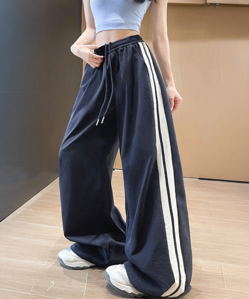 ワイドパンツ 配色 サイドライン 春夏 レディース ハイウエスト リラックス ストレート イージーパンツ ゆったり 着やせ ロングパンツ 大人可愛い運動着 秋 99YHFS-003