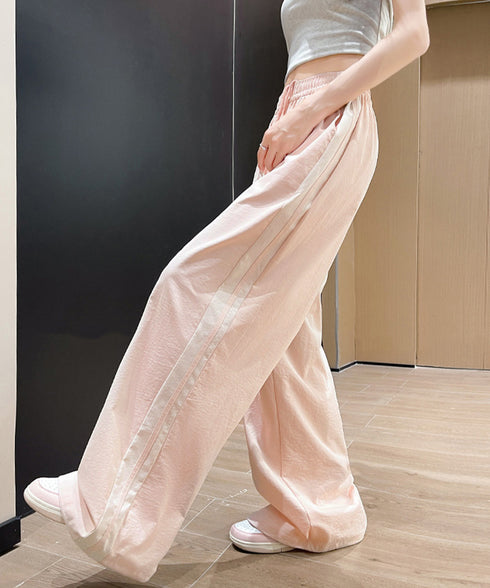 ワイドパンツ 配色 サイドライン 春夏 レディース ハイウエスト リラックス ストレート イージーパンツ ゆったり 着やせ ロングパンツ 大人可愛い運動着 秋 99YHFS-003