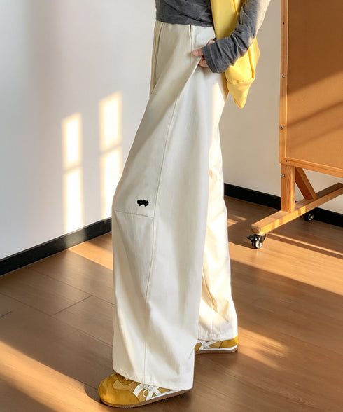 ハート刺しゅう ワイドパンツ 春夏秋 レディース ゆったり ストレートパンツ ストリート 着やせ 韓国風おしゃれ 美脚 ロングパンツ 大人可愛い 99YHFS-004