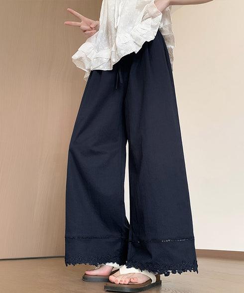 裾レース ワイドパンツ カジュアルパンツ レディースボトムス ハイウエスト ロング丈 リラックス イージーパンツ ウエストゴム 美脚脚長 大人女子 可愛い ダンス 99YHFS-005