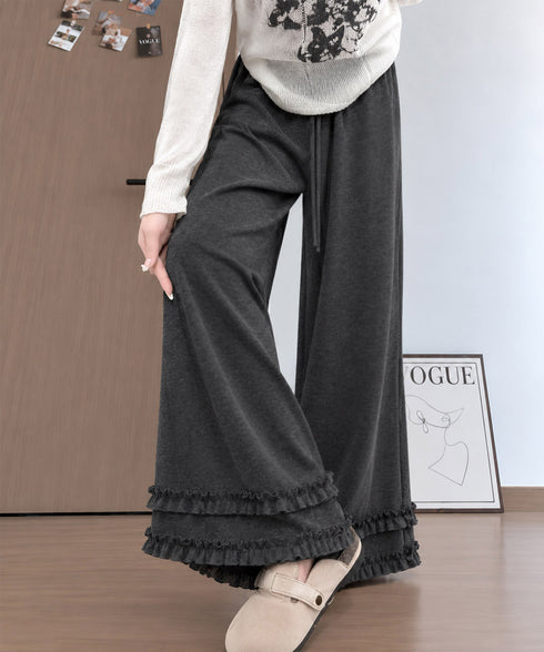 裾フリル ワイドパンツ フリルパンツ レディースボトムス ゆったり ロングパンツ 体型カバー 大人女子ガーリー おしゃれ ウエストゴム イージーパンツ 春秋冬 99YHFS-006