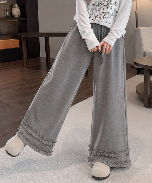 裾フリル ワイドパンツ フリルパンツ レディースボトムス ゆったり ロングパンツ 体型カバー 大人女子ガーリー おしゃれ ウエストゴム イージーパンツ 春秋冬 99YHFS-006