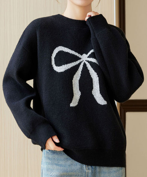 セーター レディース リボン柄 韓国風 ニットプルオーバー ニットソー 体型カバー ゆったり 着やせ 着回し 編み 大人 カジュアル 可愛い おしゃれ 99YYFZ-001