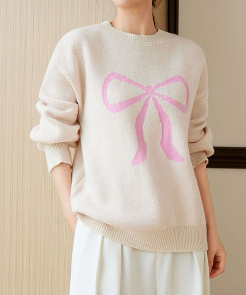 セーター レディース リボン柄 韓国風 ニットプルオーバー ニットソー 体型カバー ゆったり 着やせ 着回し 編み 大人 カジュアル 可愛い おしゃれ 99YYFZ-001
