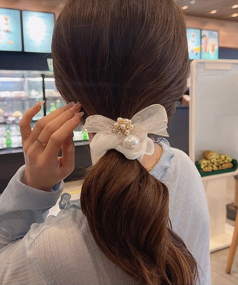 シュシュ リボン パール ヘアゴム韓国風 レディース ヘアアクセサリー 光沢 おしゃれ まとめ髪 簡単ヘアアレンジ 大人可愛い 髪留め プチプラ人気 お団子ヘア 99ZYSP-004