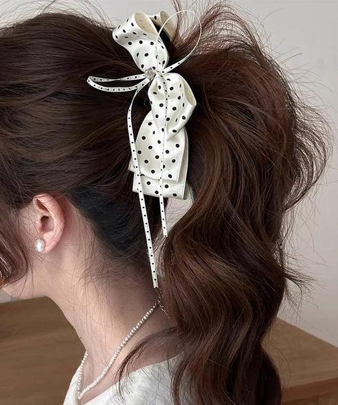 リボンヘアクリップ ドット柄 レディース バナナクリップ ヘアクリップ ヘアアクセサリー ヘアアレンジ 髪留め まとめ髪 おしゃれ 大人可愛い 女子会 99ZYSP-015