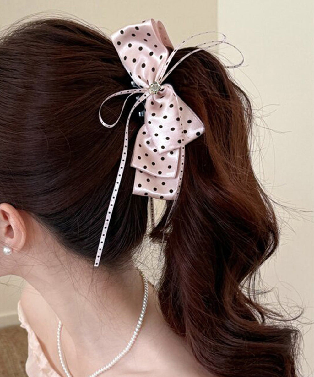 リボンヘアクリップ ドット柄 ピンク