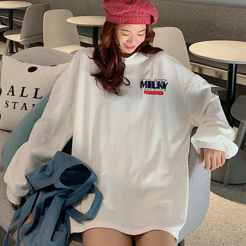 Tシャツ レディーストップス 長袖 Tシャツ レディーストップス 長袖 カットソー 体型カバー プリント カジュアル 韓国 ゆったり 99AAA-018