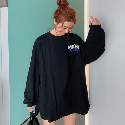 Tシャツ レディーストップス 長袖 Tシャツ レディーストップス 長袖 カットソー 体型カバー プリント カジュアル 韓国 ゆったり 99AAA-018